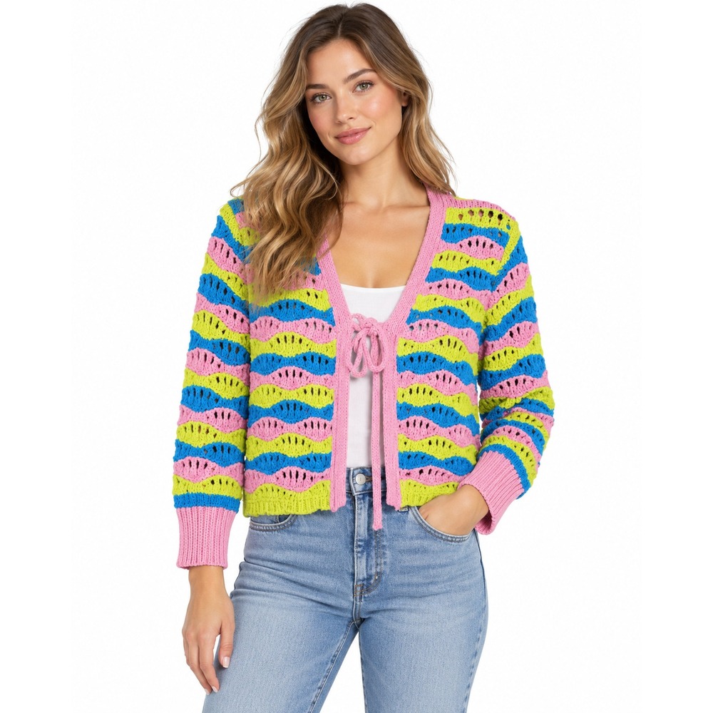 Zara Crochet Open Knit Cardigan Womens M Pink Blue Lime Green Wavy Tie Front